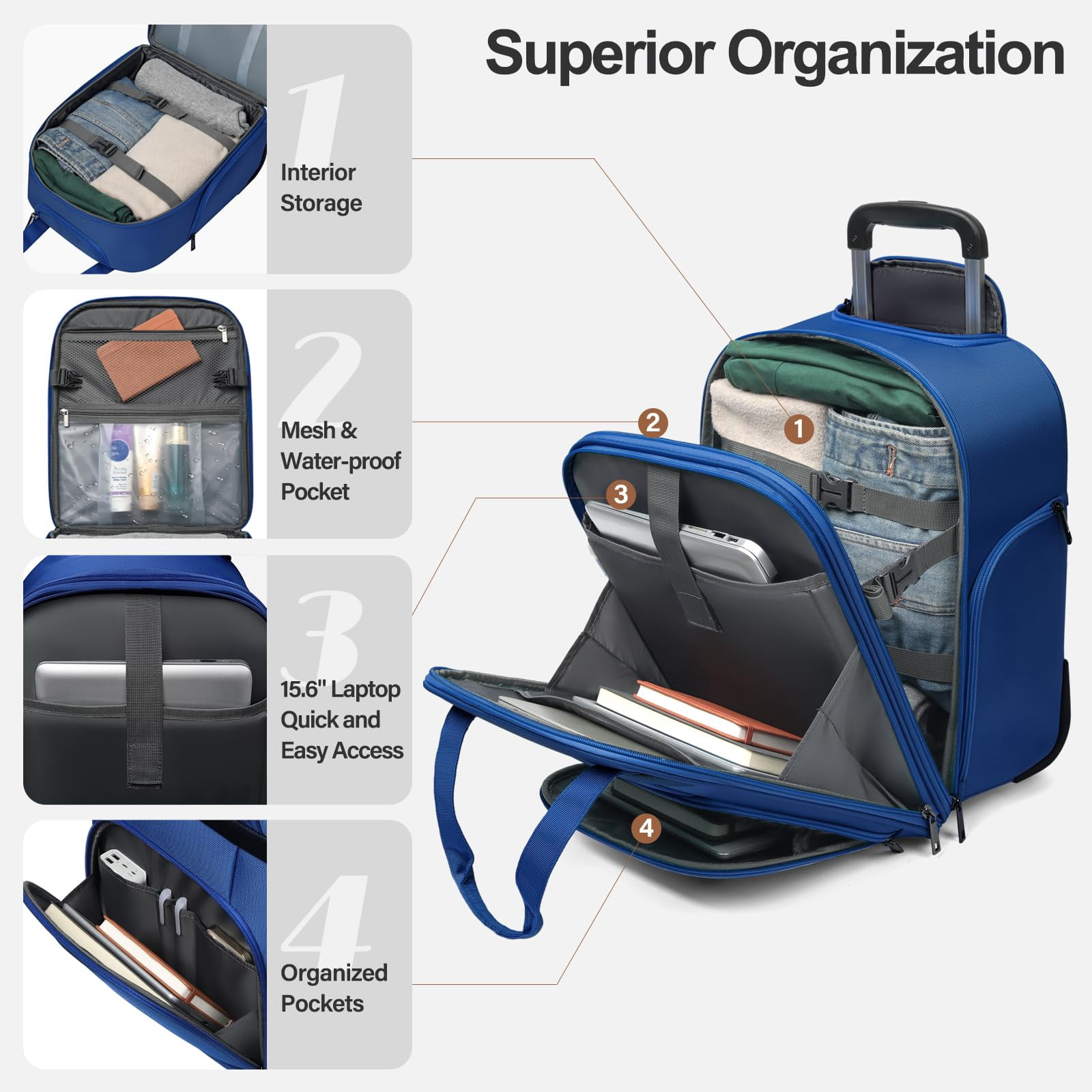 TIAWOLT Weekender Overnight 16-Inch Underseat Carry-on Luggage With Wheels Soft Sided Lightweight Small mini Suitcase Bag with 15.6"Laptop Compartment for Women and Men,Blue