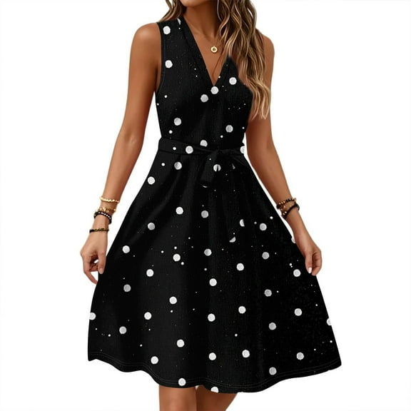 WTOBBY Women's Polka Dot Print Casual Work Dress Summer Button Up V-Neck Sleeveless Dress with Ruffle Hem for Business Casual and Friday Office Wear,BlackL