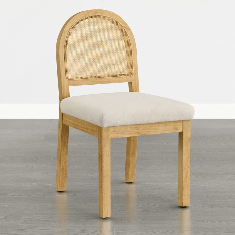 Spruce & Spring Boho Upholstered Dining Chairs Set of 2 with Natural Cane Back, Solid Natural Wood Frame for Kitchen Island, Cream Fabric