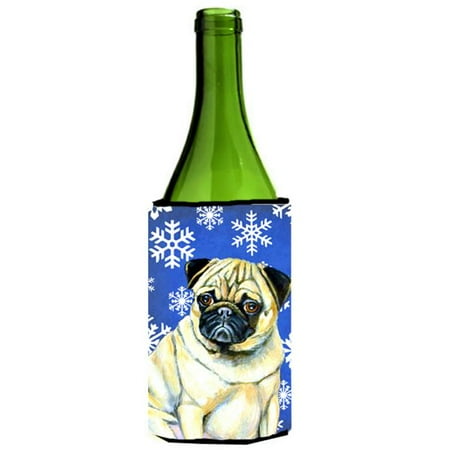 

Pug Winter Snowflakes Holiday Wine bottle sleeve Hugger - 24 oz.
