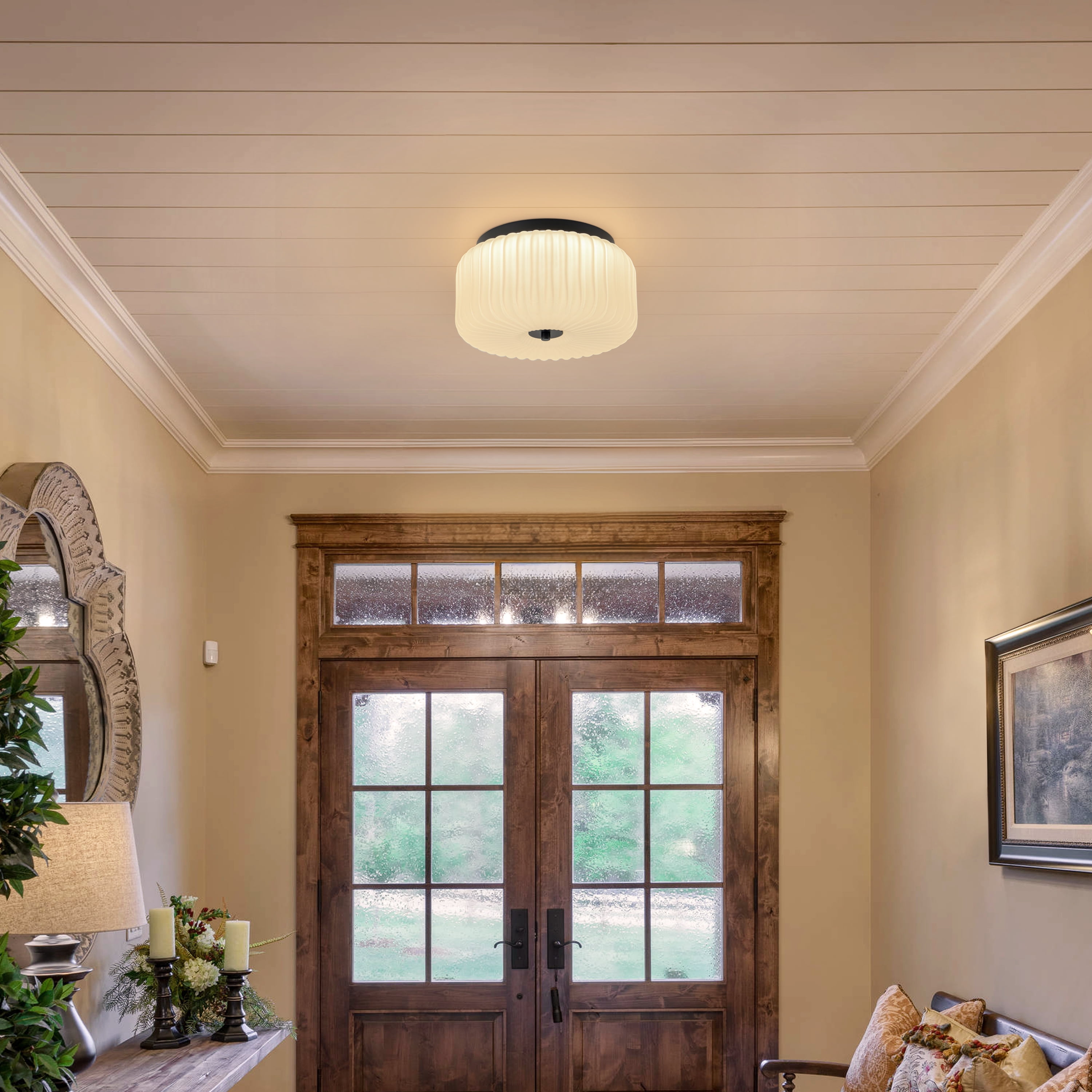 C Cattleya 10.75 in. Black Flush Mount Ceiling Light with White Ribbed Glass Shade