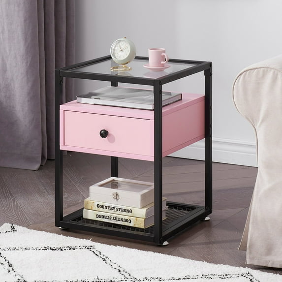 VECELO Tempered Glass Nightstand with Drawer, Glass Top End Table for Bedroom/Living room/Office, Pink