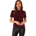 thumbnail image 1 of Allegra K Blusa de fiesta de manga corta con cuello redondo y lentejuelas de terciopelo para mujer borgo?a L, 1 of 4