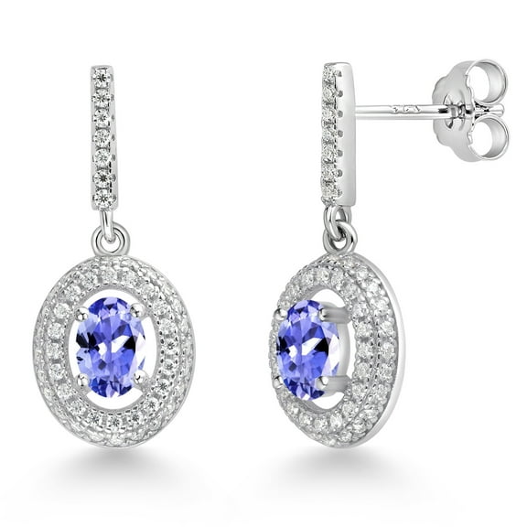 Gem Stone King 925 Sterling Silver Blue Tanzanite and White Moissanite Dangle Earrings for Women (1.41 Cttw, Gemstone December Birthstone, Oval 6X4MM)
