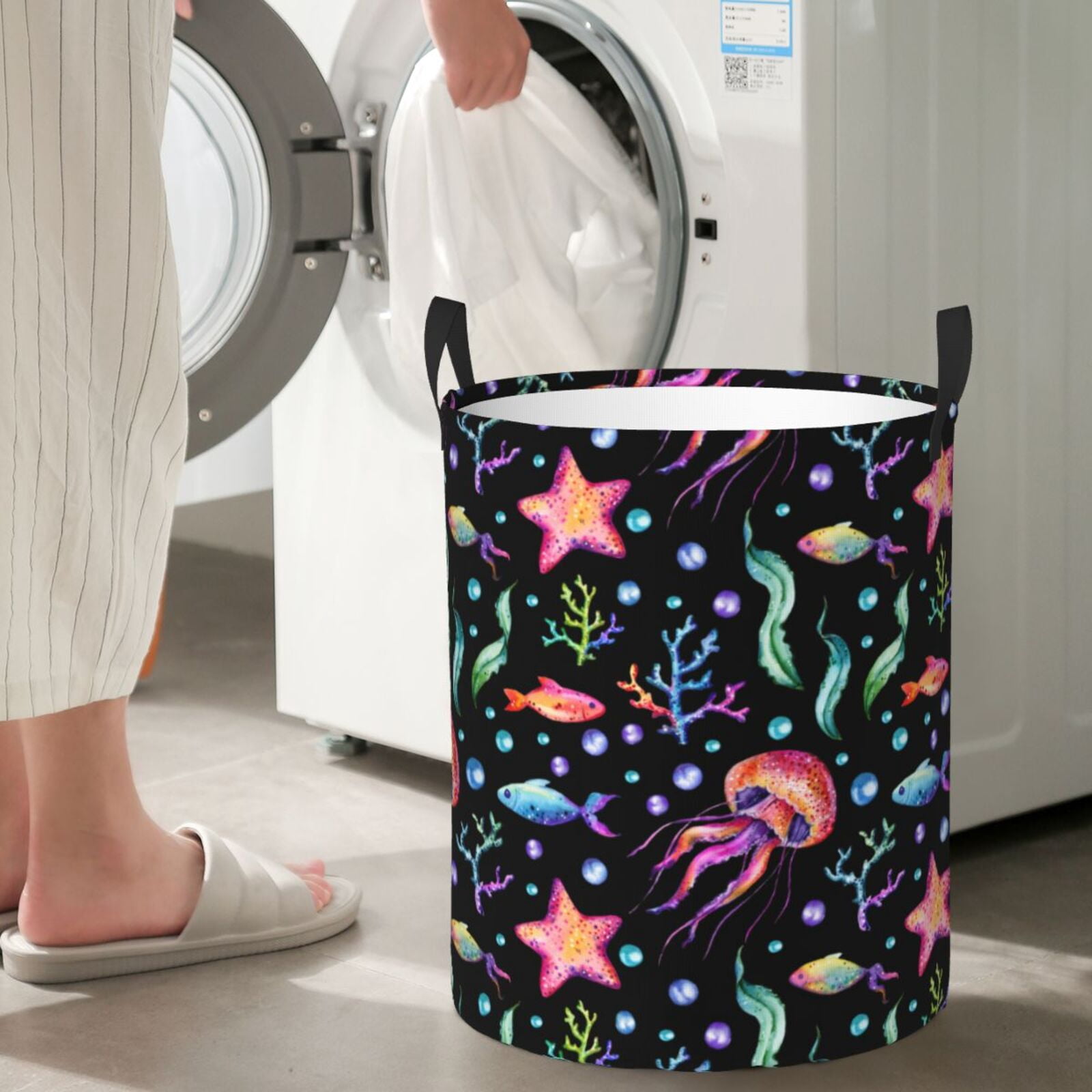 Large Laundry Basket with Handles - jellyfish starfish print Kids Baby Dirty Clothes Laundry Hamper for Bedroom Aesthetic