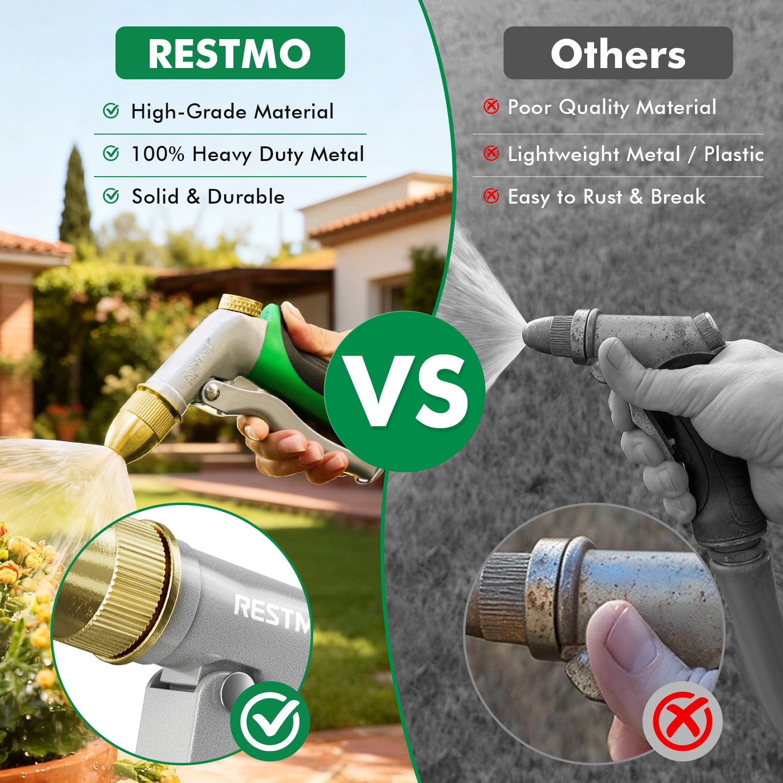 Restmo Metal Hose Nozzle with 8 Adjustable Spray Patterns - High Pressure, Heavy Duty Water Sprayer Nozzle for Garden Watering, Car Wash, Patio and Pets, Green