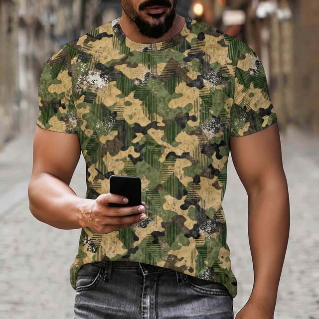 Ceisia T-Shirts à Col Rond pour Hommes à Imprimé Camouflage à Texture Rayée, Hauts Décontractés Extensibles et Respirants à Manches Courtes Cadeaux