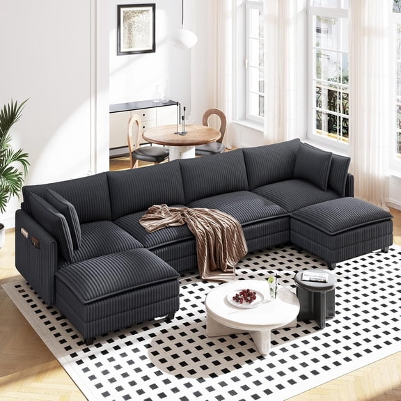 Neche 143" U Shaped Sectional Modular Couch, Comfy Corduroy Upholstered Modular Cloud Sofas for Living Room, Modern Sectional Sofa with 2 Ottoman Deep Seat, Dark Grey