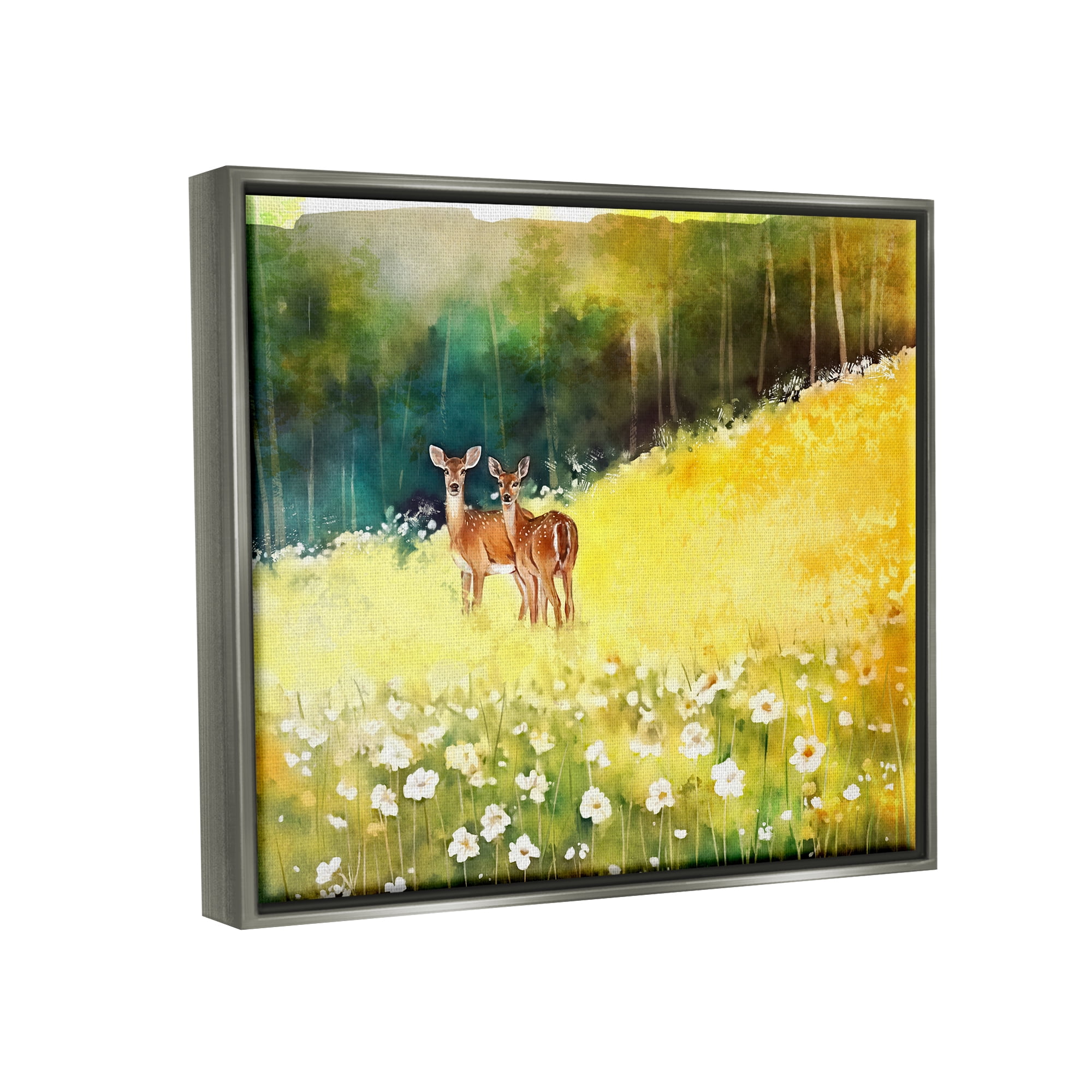 Stupell Industries Fawns in Meadow Watercolor Animals & Insects Painting Gray Floater Framed Canvas Art Print Wall Art, 31 x 25