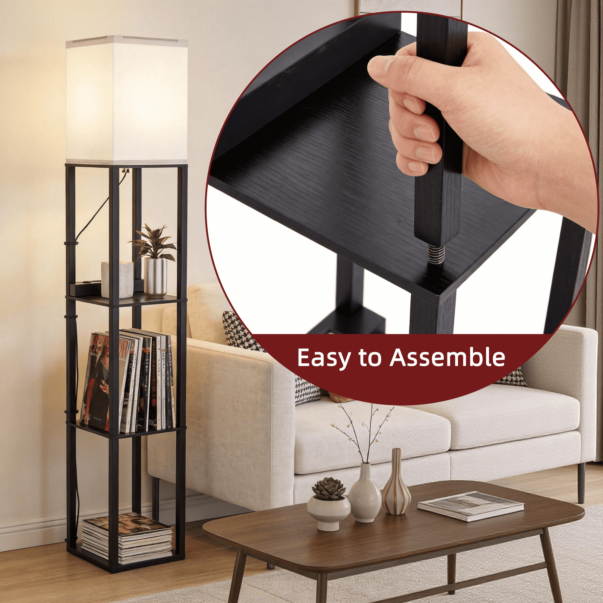 Homechoose Modern Shelf Floor Lamp with Charging Station, Stepless Dimming, Remote & App Control, 3-Tier Storage, 2500K–6000K Adjustable, Walnut Black