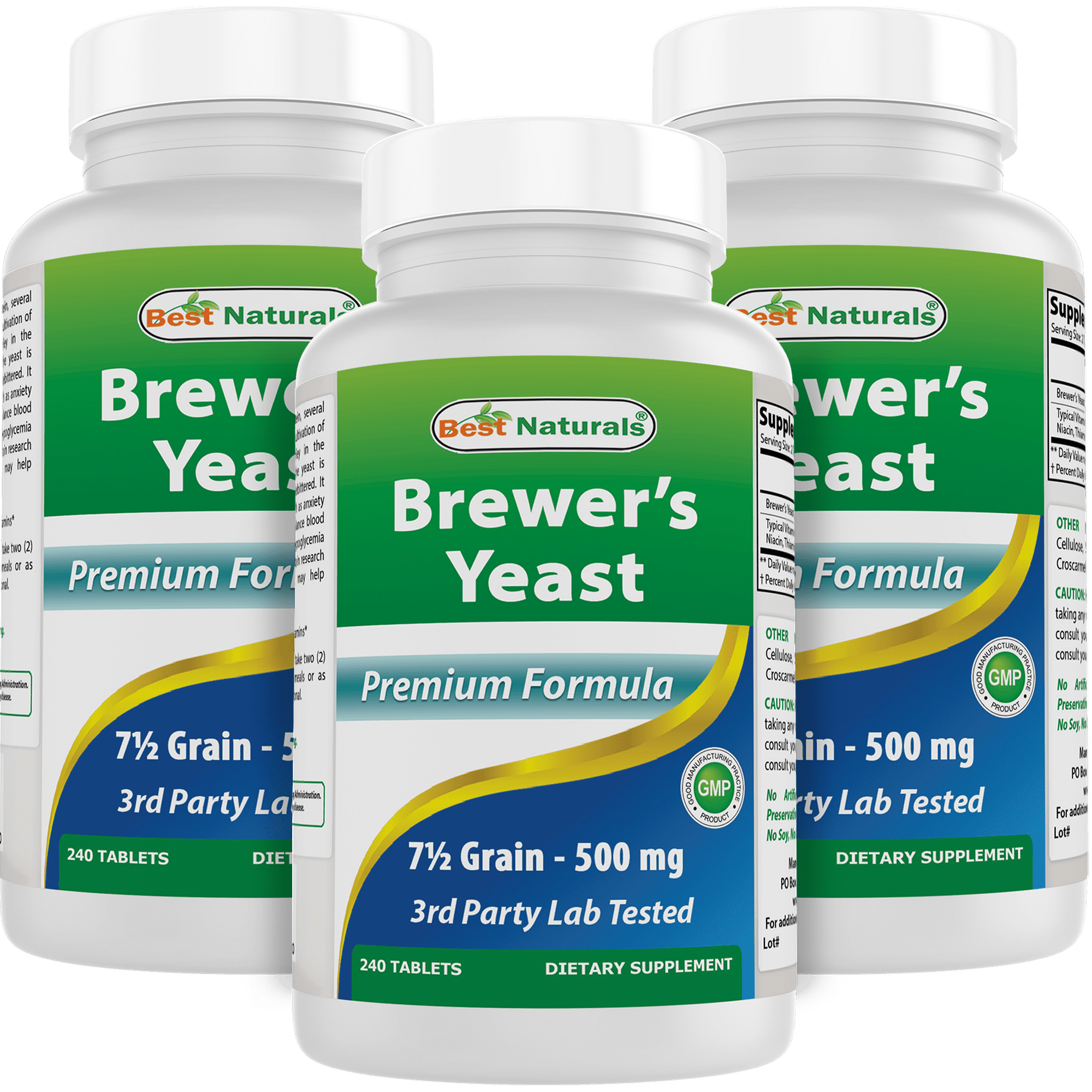 3 Pack Best Naturals Brewers Yeast 7-1/2 Grains with vitamin B1, Vitamin B2 and Niacin,500 mg,240 Tablets