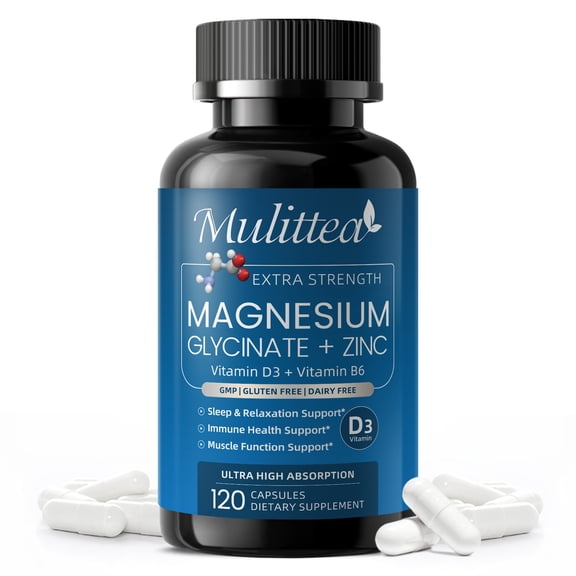 Magnesium Glycinate 500mg with Zinc - Vitamin D3 & B6,  Magnesium Supplement - Support Muscle & Sleep, 120 Capsules