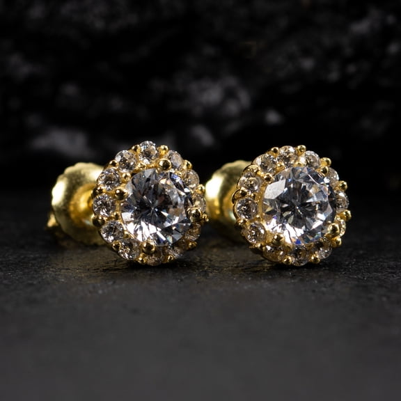 Yellow Gold Plated 925 Sterling Silver Women’s Men’s Iced CZ Round Flower Cluster Halo Hypoallergenic Circle Hip Hop Trendy Fashion Unisex Cubic Zirconia Stud Screw Back Earrings