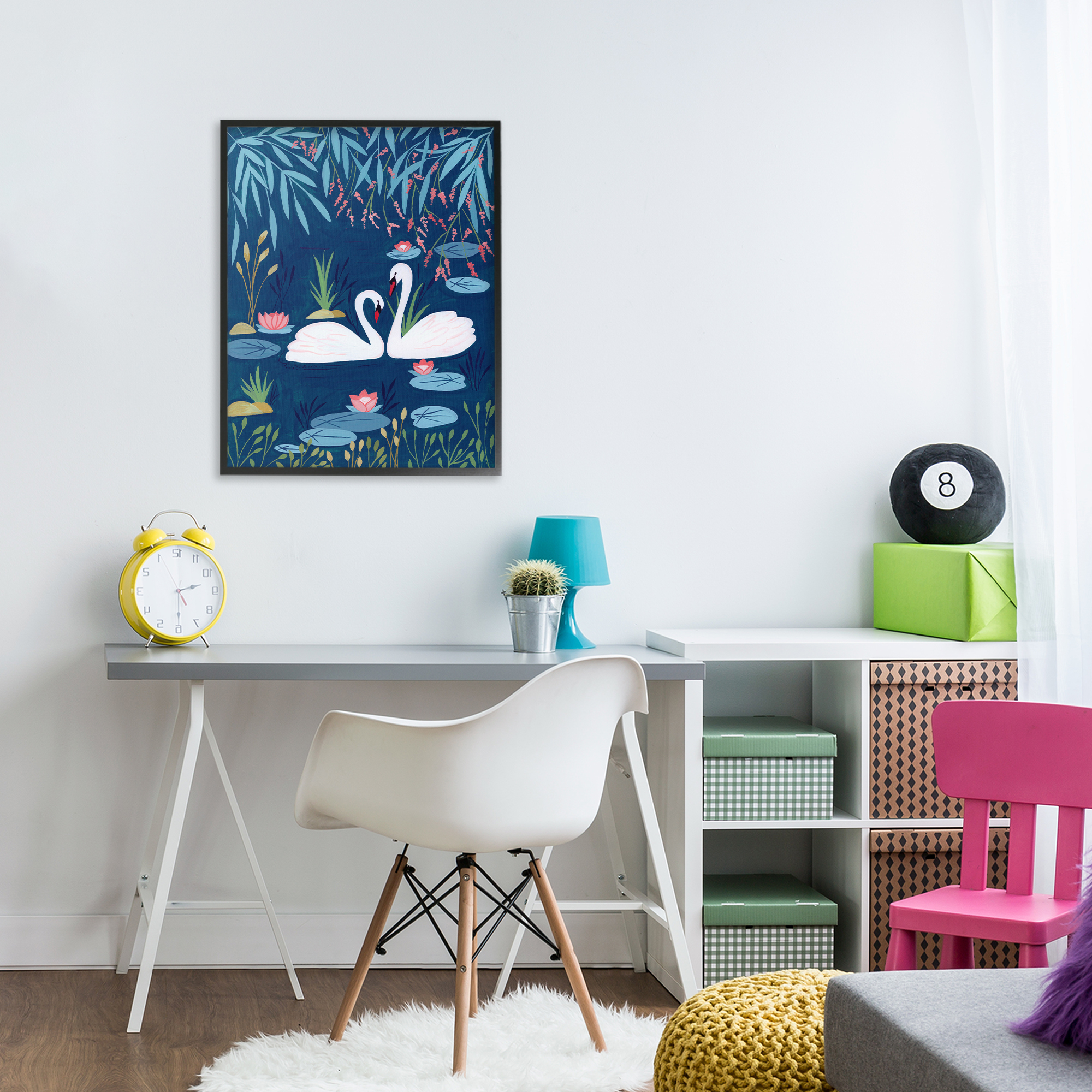 Swan Pair on Blue Pond Black Framed Giclee Art, design by Nabeela Rumi