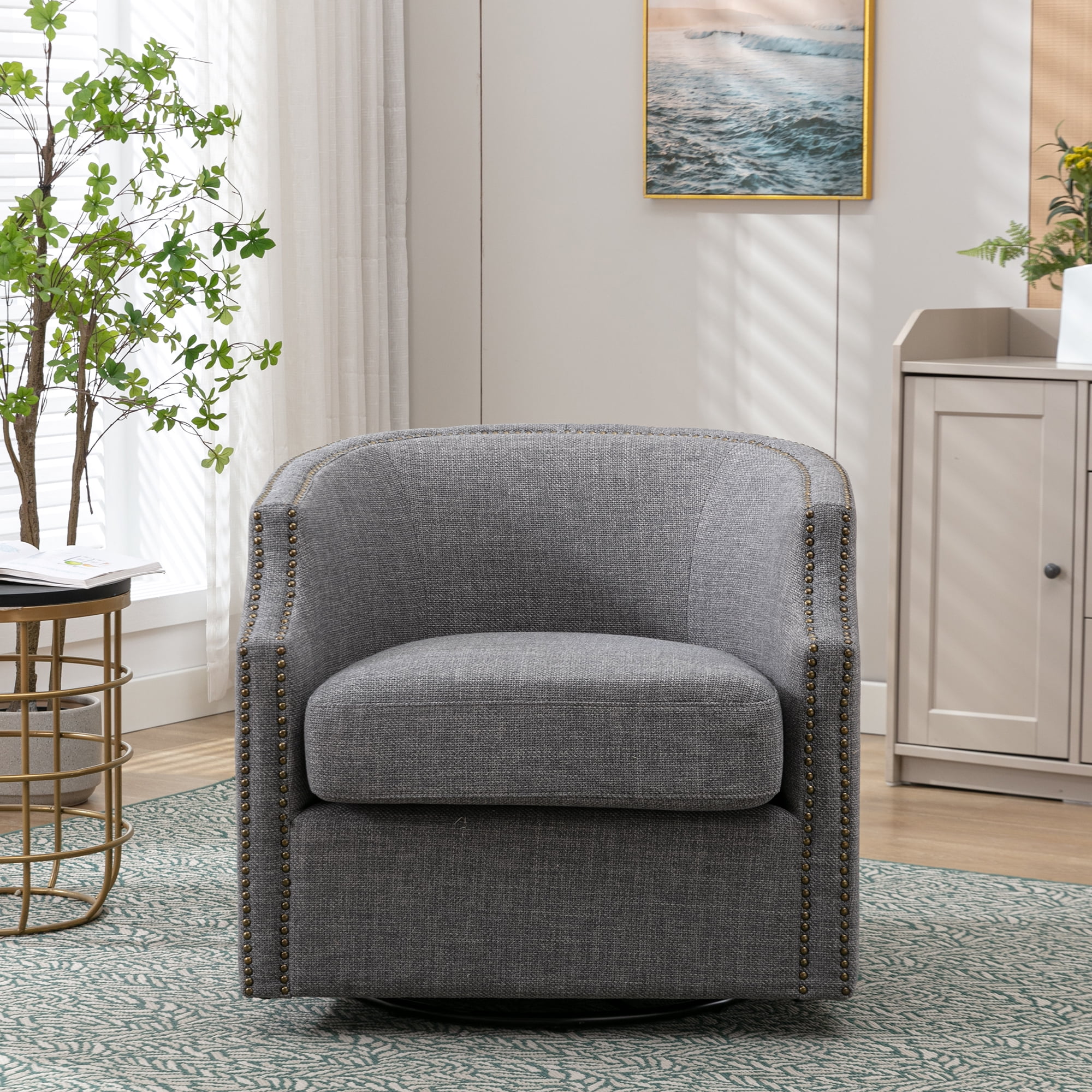 Lunale Fabric Swivel Accent Barrel Chair, Club Chair Comfy Reading Armchair, Gray