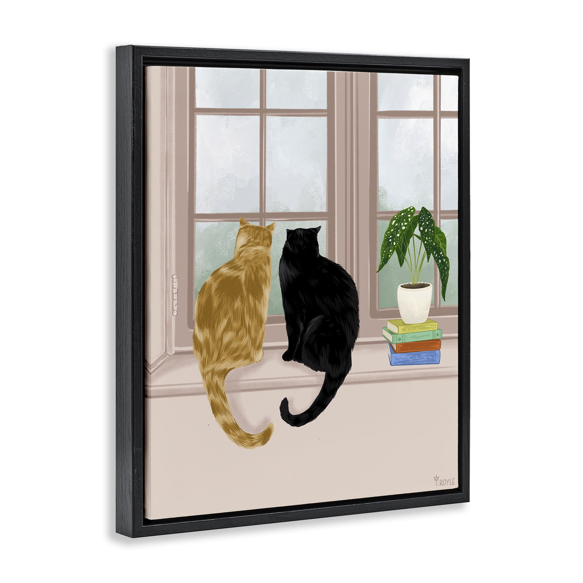 Stupell Industries Cat Pair in Windowsill Animals & Insects Painting Black Floater Framed Canvas Art Print Wall Art, 17 x 21
