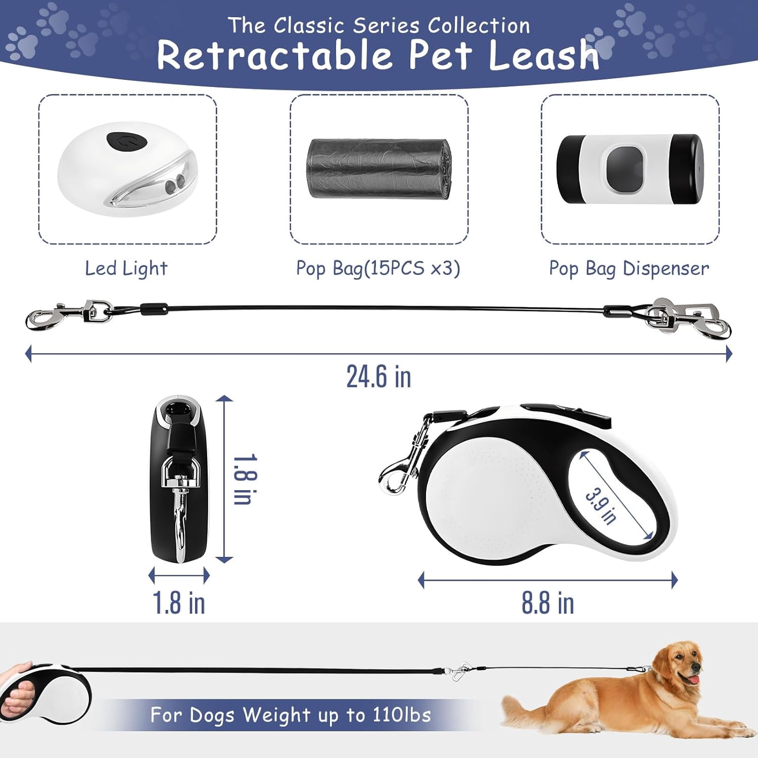 26Ft Retractable Dog Leash - for Dog Up to 110lbs, Tangle Free Walking Leash with Chew Proof Cable | LED Light | Dispenser | Poop Bags, Quick Lock Braking & Non-Slip Handle (Blue)