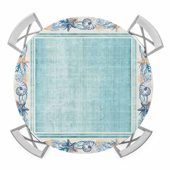 Teal Coastal Round Table Cover, Vintage Beach Starfish Shell Summer Coral Waterproof Fitted Tablecloths for 55"-60" Tables, Washable Picnic Table Cover for Camping Dining Indoor Outdoor