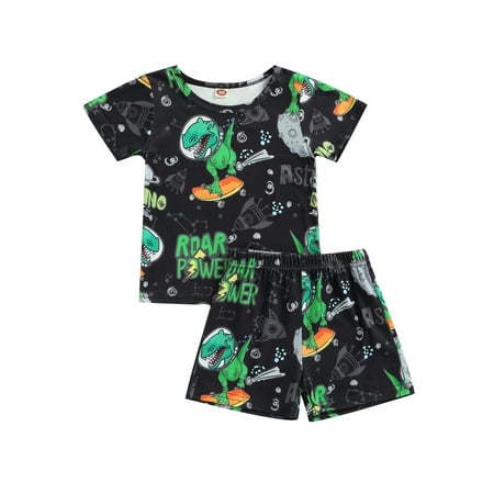 

Nokpsedcb 2Pcs Little Boys Outfit Toddlers Summer Streetwear Dinosaur Letter Print Round Collar Short Sleeve Tops Shorts Set Black 18-24 Months