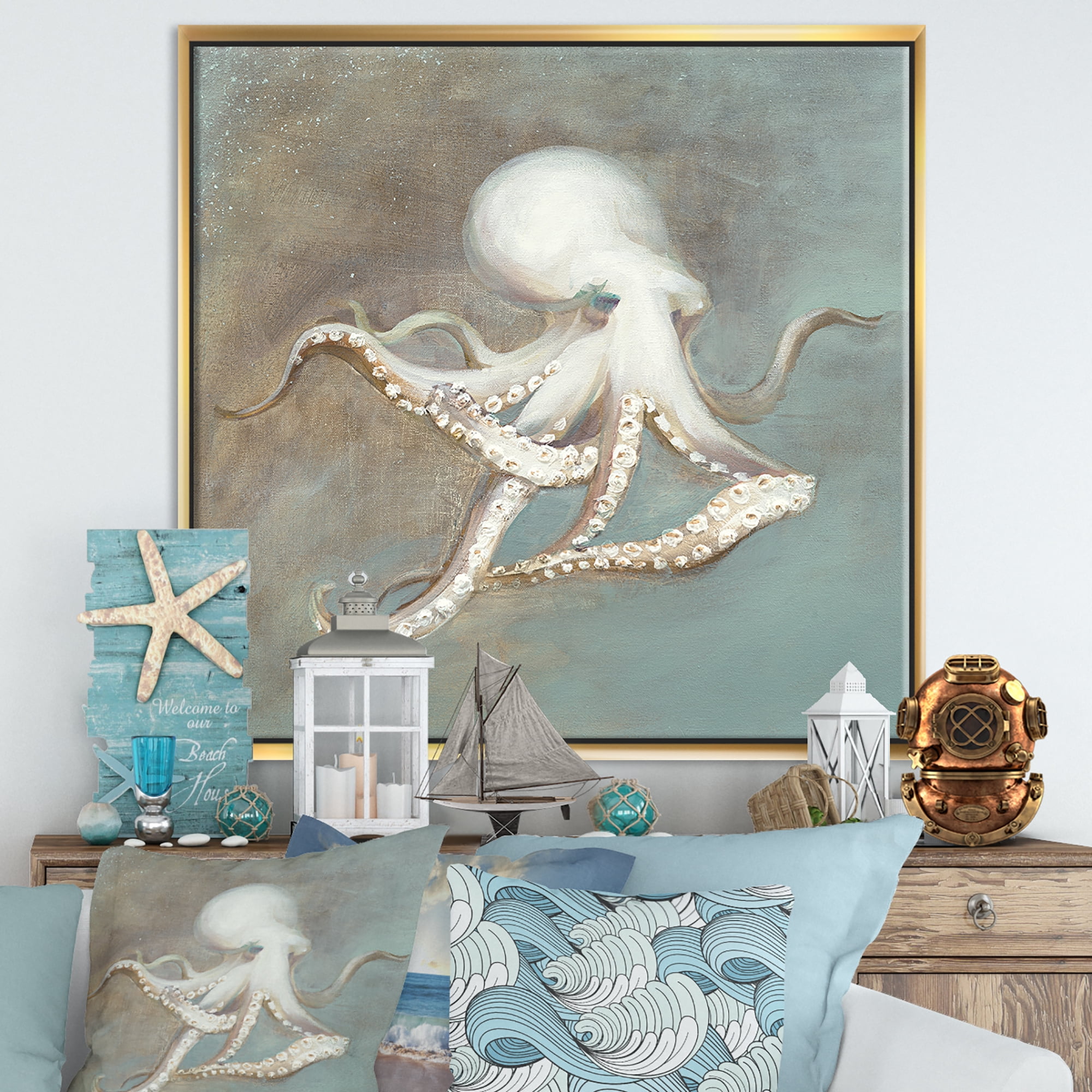 Designart ' Octopus Treasures from the Sea ' Nautical & Coastal Framed Canvas