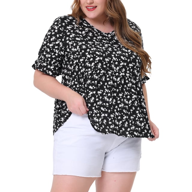 Women's Plus Size Tops for Women V Neck Floral Print Ruffle Short Sleeve Tiered Babydoll Blouses Black 1X
