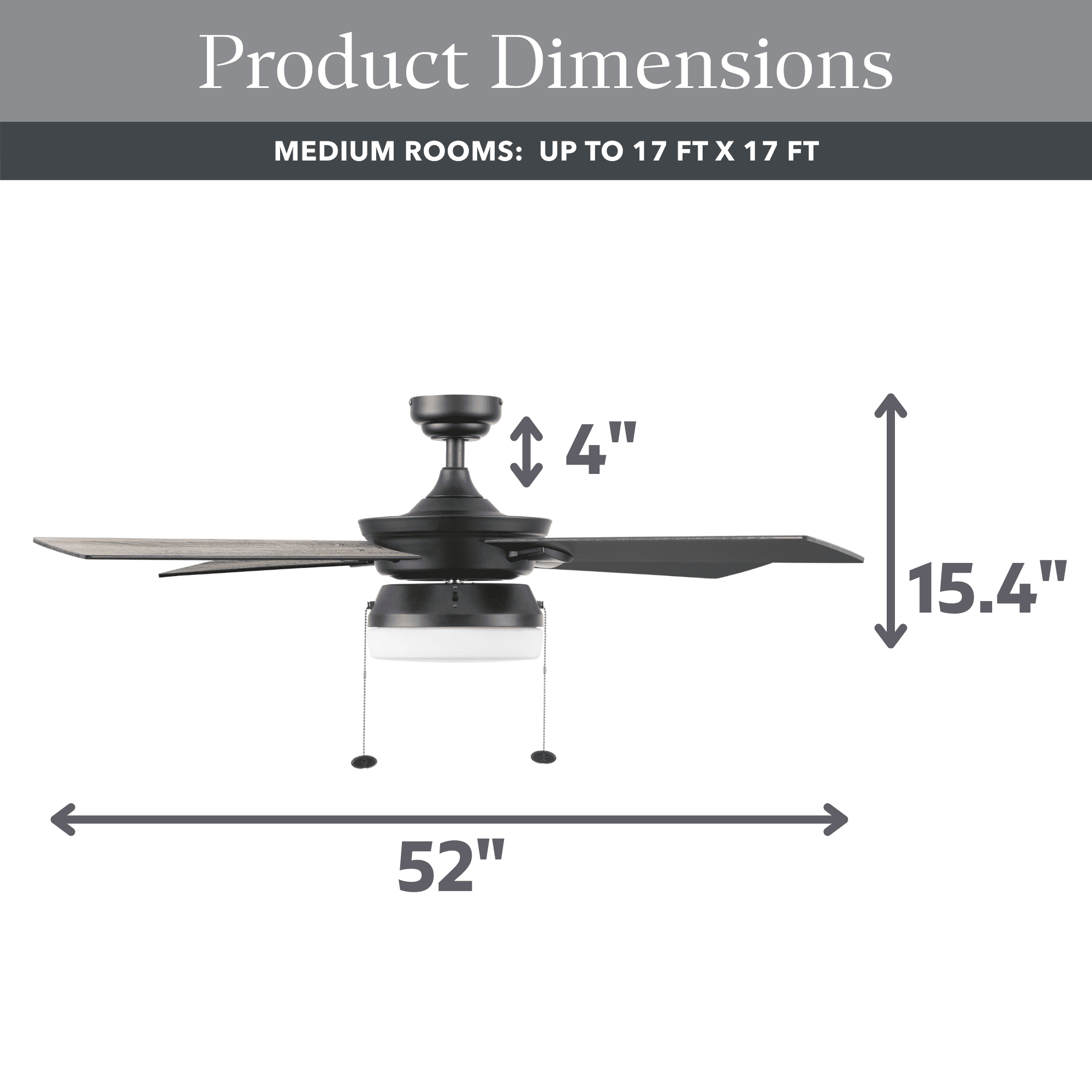 Better Homes & Gardens Blair 52'' Black Modern Indoor Ceiling Fan with Light 4 Blades Pull Chains