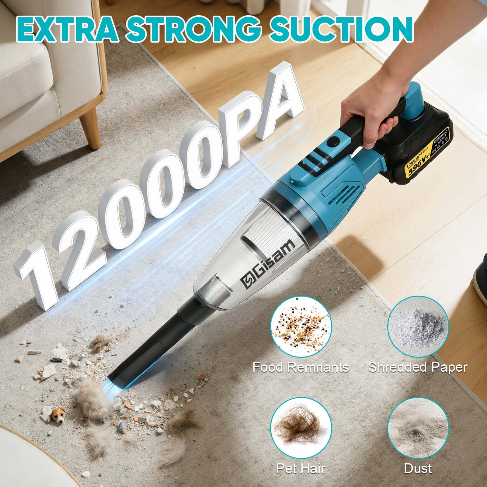 Gisam V4331 Cordless Vacuum Cleaner, Ultra-Lightweight,Multi-function Handheld Cleaner, with 3 Filter /LED lights, For Car, Home, Pet Hair/Carpet/Hard Floor