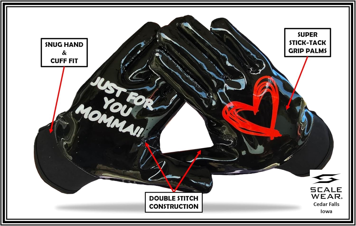 Scale Wear Design Just for You Momma Football Gloves Sticky Tacky Pro Grip Super Palms Boost Your Game Glove Sizes Youth Adult Mens (Black, Adult - Medium)