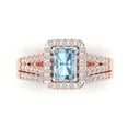 thumbnail image 2 of 1.57 ct Brilliant Emerald Cut Blue Zircon 14k Rose Gold Halo Solitaire with Accents Engagement Bridal Wedding Ring Band Set, 2 of 7