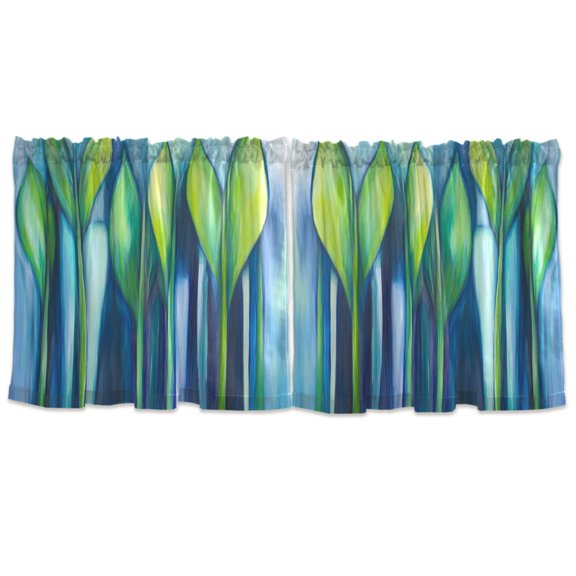 Abstract Blue and Green Leaves Tier Curtains for Kitchen 57x24 Inch Semi Sheer Light Filtering Half Window Curtains 2 Panels