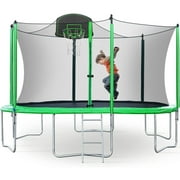 12FT 14FT 15FT Trampoline with Safety Enclosure Net, Basketball Hoop, Ladder, ASTM Approved Outdoor Recreational Trampoline for Kids and Adults, Round Outdoor Recreational for Family Happy Time