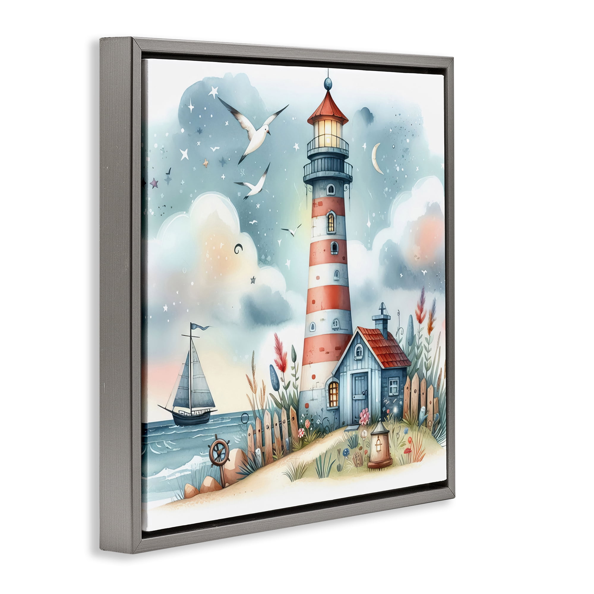 Stupell Industries Fun Maritime Lighthouse Nautical & Beach Painting Gray Floater Framed Canvas Art Print Wall Art, 25 x 25
