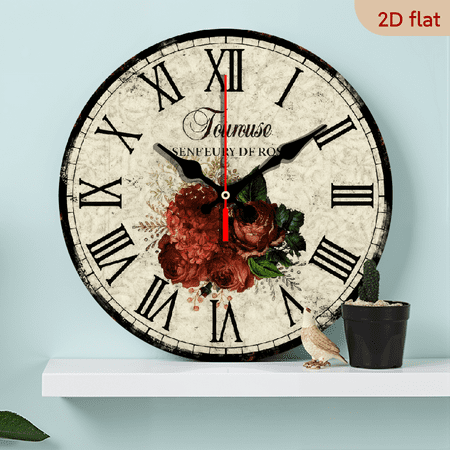 2D Flat 1pc 10Inch Wooden Toulouse Round Wall Clocks Spring Botanical Wall Clock Non-Ticking Battery Operated Shabby Chic Farmhouse Wall Clock Decorative for Living Room Bedroom Kitch