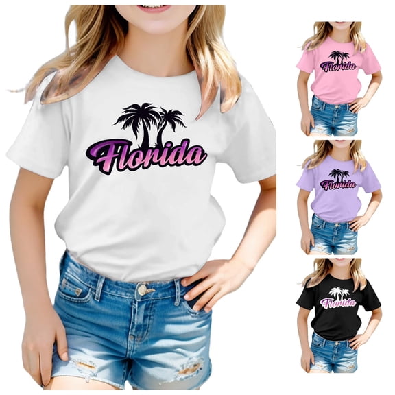 Trendfront Kids Florida Shirts Hawaiian Style Letter Print Summer Casual Vacation Crewneck Short Sleeve T-Shirts Travel Souvenir Clothing