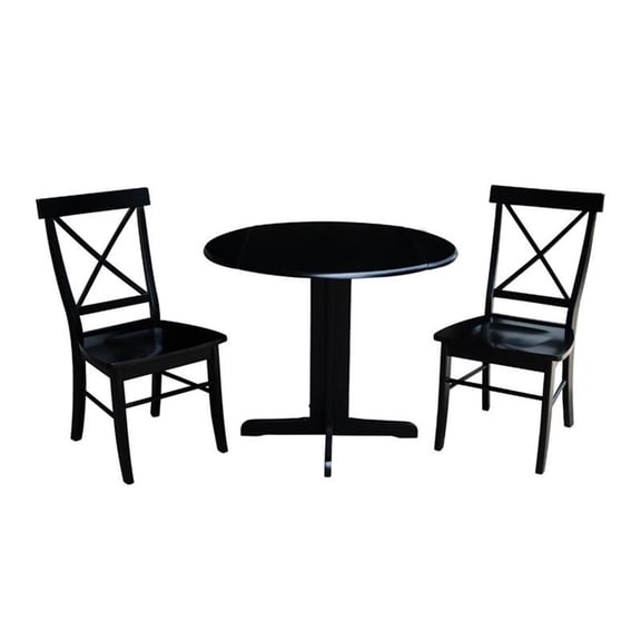 36 inch Dual Drop Leaf Dining Table with Two X-back Chairs in Black