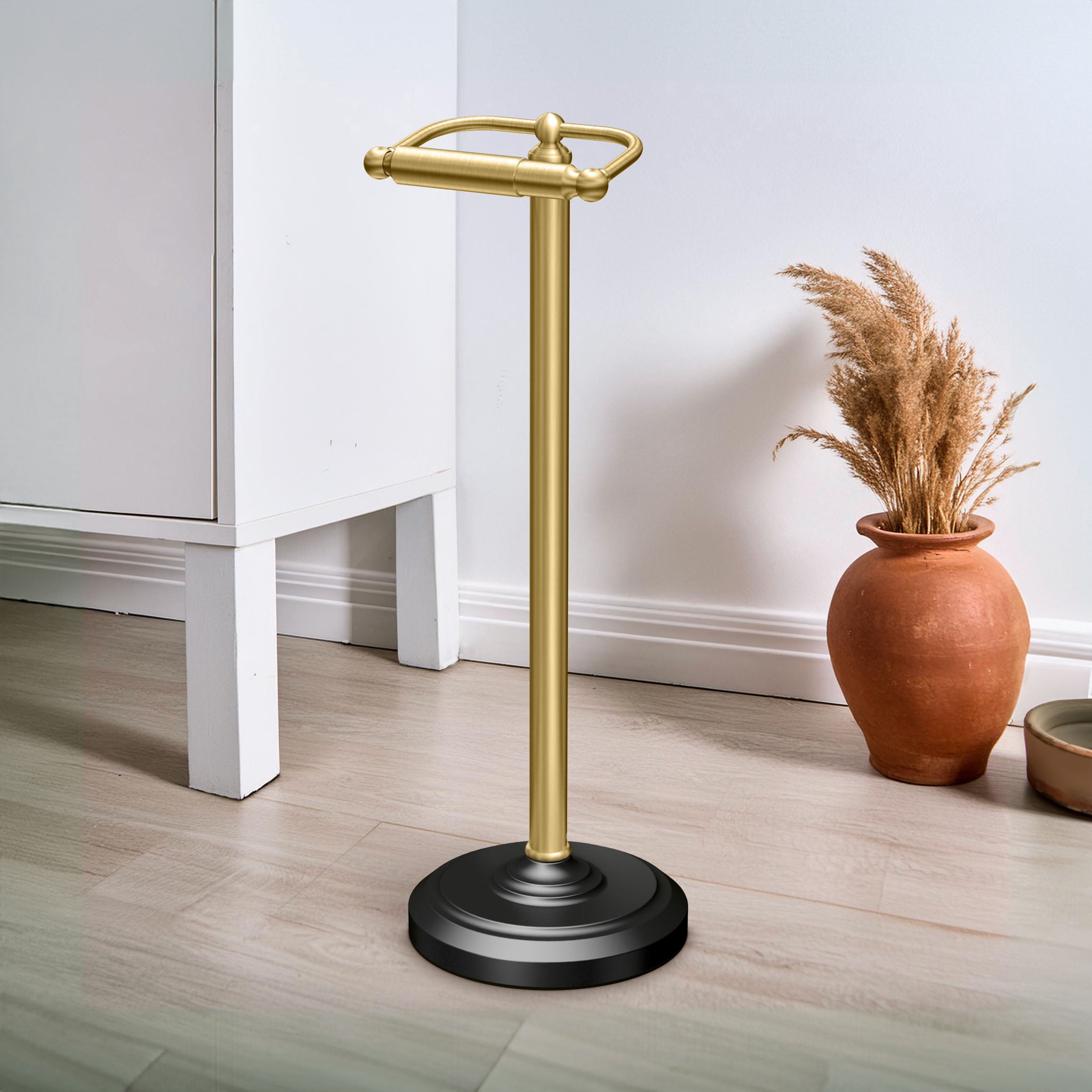 Gatco 1436MXB Pedestal Standing Toilet Paper Holder, Matte Black/Brushed Brass
