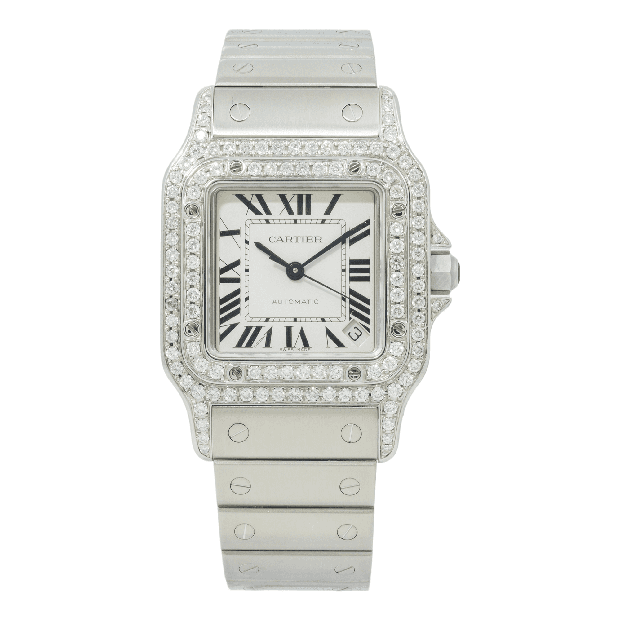 Pre-Owned Cartier Santos Galbee XL W20098D6 32MM White Dial And Diamond Bezel With Stainless Steel Bracelet