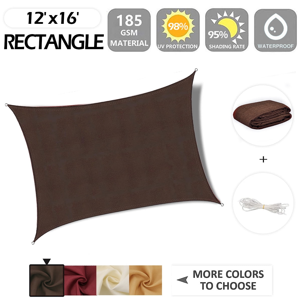 IC ICLOVER 12' x 16' Waterproof Sun Shade Sail Rectangle Canopy Awning Shelter Polyester Fabric Cloth for Patio Yard Deck Pergola Outdoor Sun Sail Shade 98% UV Block Sunshade - Brown