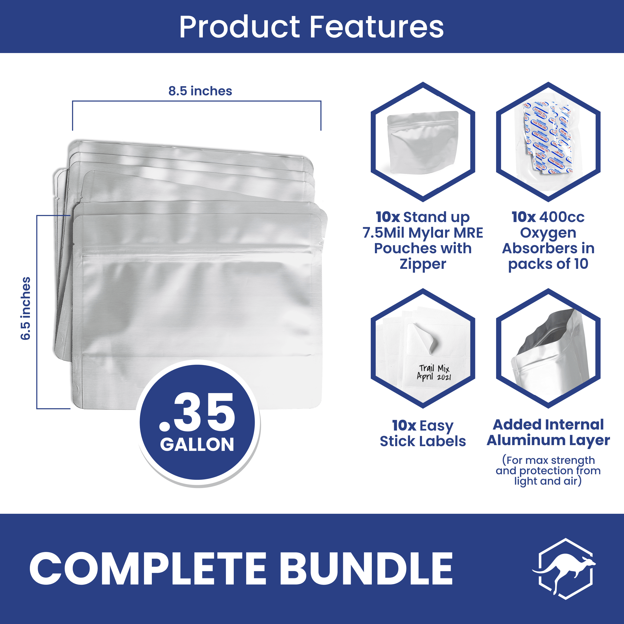 Wallaby 1-Quart Mylar Bag Bundle - 50x (5 Mil - 7 inch x 10 inch) Mylar Bags + 50x Labels - Heat Sealable, Food Safe, & Reliable Long Term-Food