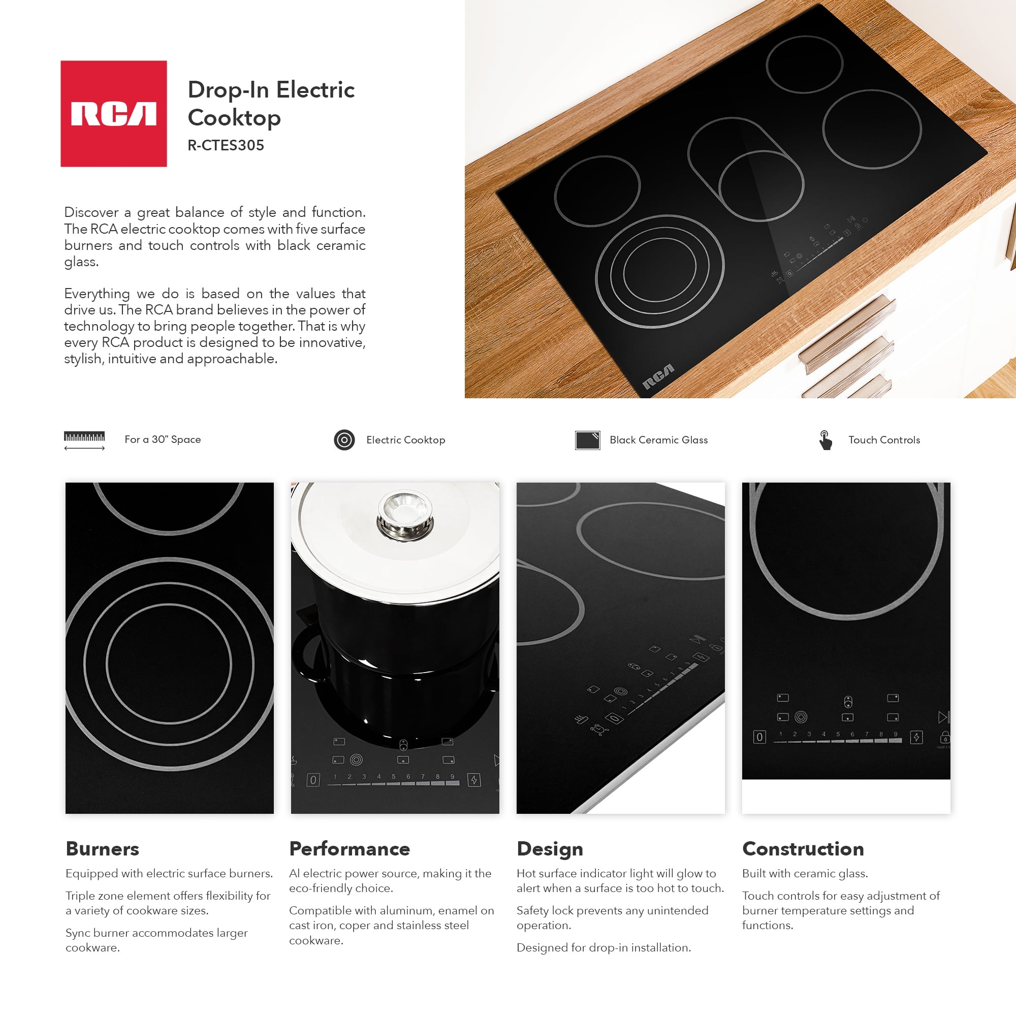 30 in. Sterling Collection Drop-In Electric Ceramic Glass Cooktop, 5 Burners, Triple Zone Element, Sync Burner, Black