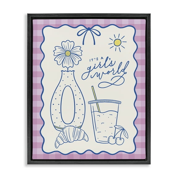 Stupell Industries Girl's World on Plaid Food & Beverage Painting Black Floater Framed Canvas Art Print Wall Art, 17 x 21