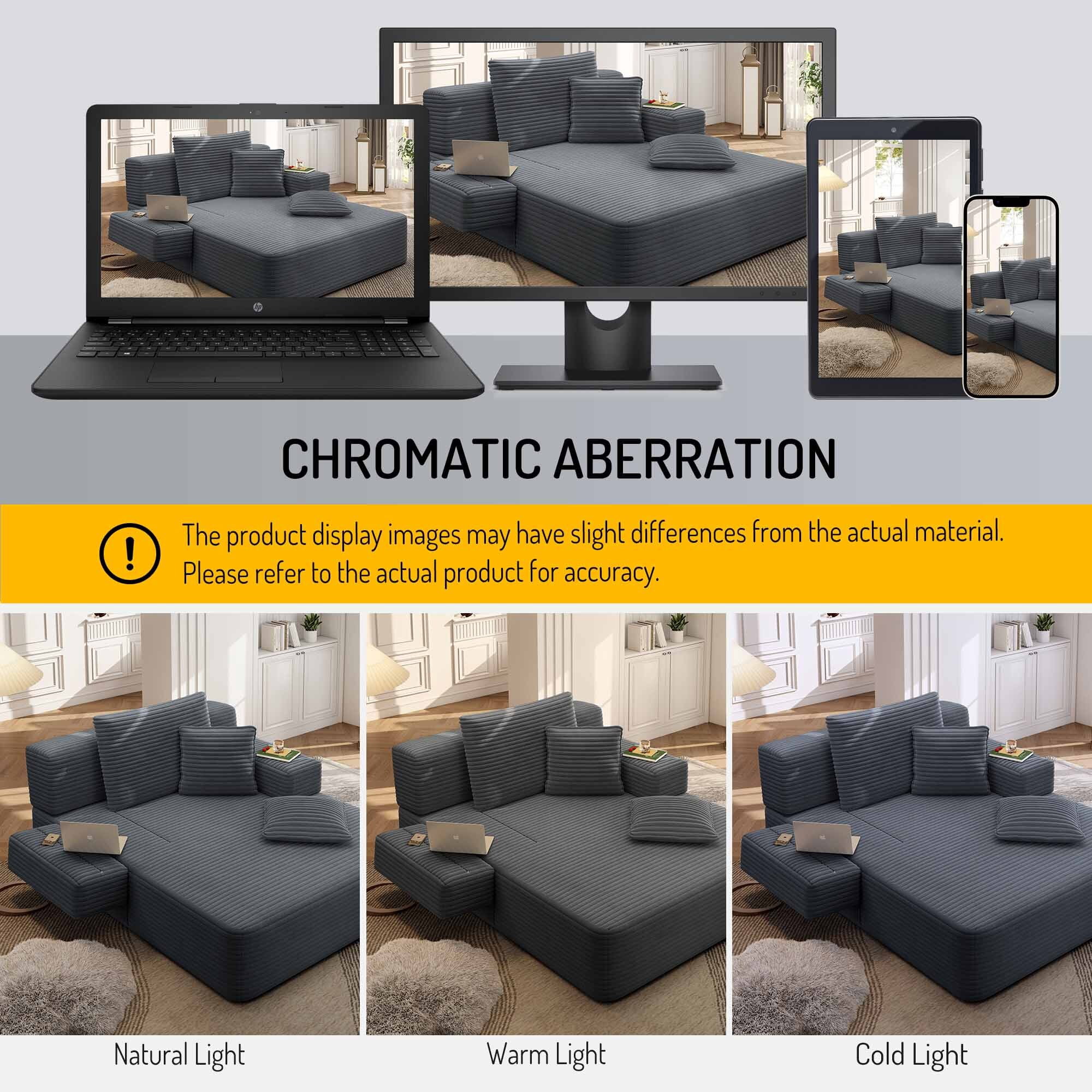 Lunale Boneless Chaise Lounge Chair Indoor, Oversized Convertible Sofa Bed, Cloud Corduroy Sofa Chair for Living Room, Dark Gray