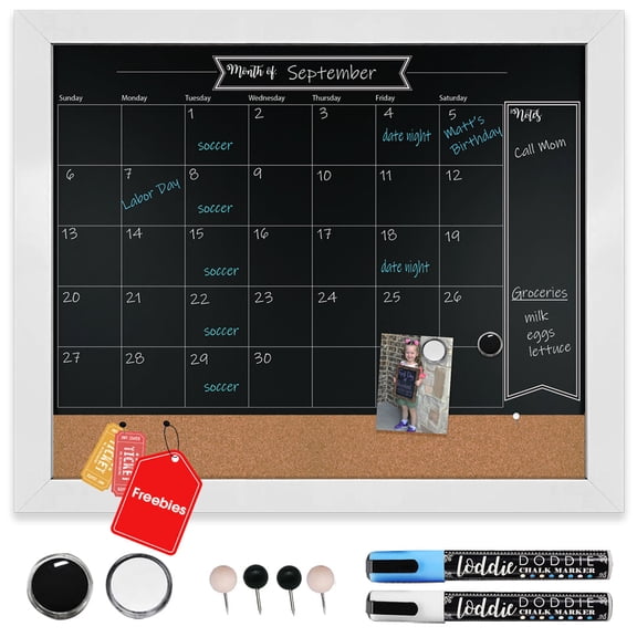 Loddie Doddie 3-in-1 Magnetic Chalkboard Calendar Combo, White Frame, 18 x 24 in