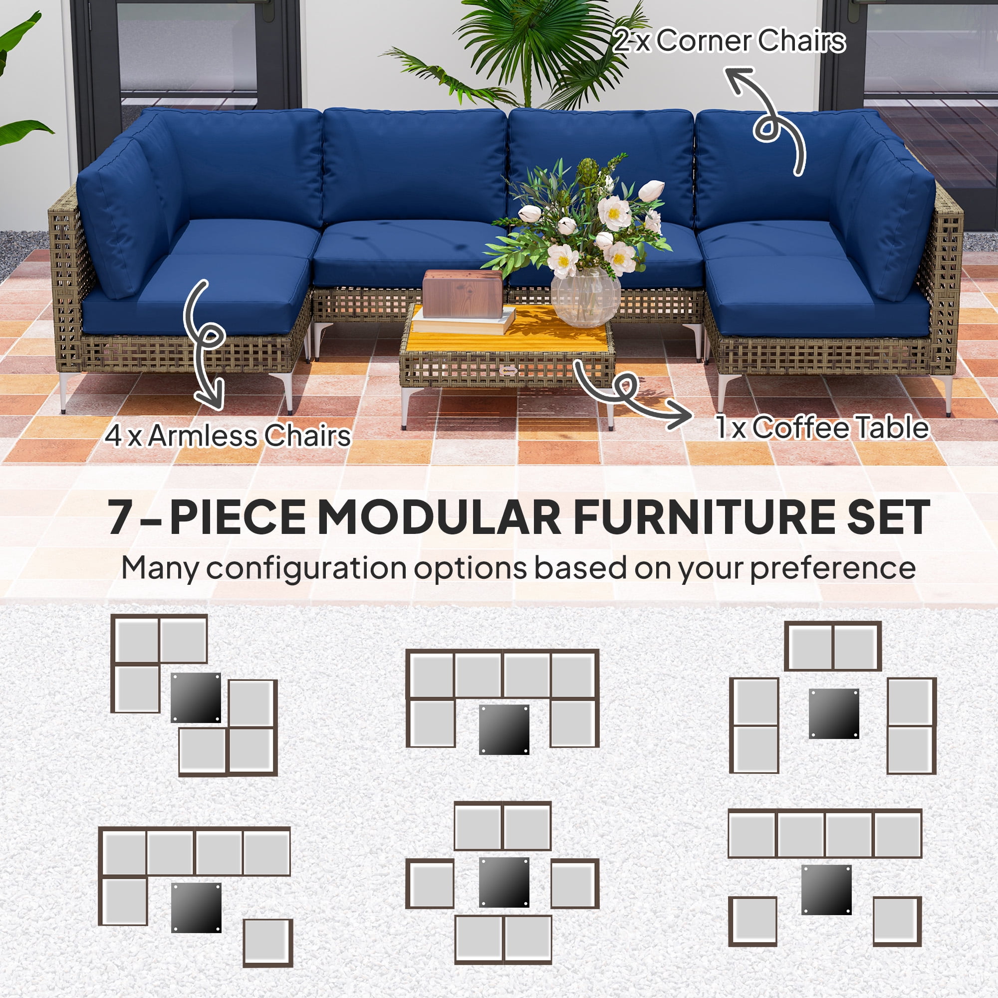 Outsunny 7 Piece Wicker Patio Furniture Set, Modular Outdoor Sectional Conversation Set with Thickened Cushions, Acacia Wood Table, Brown/Dark Blue