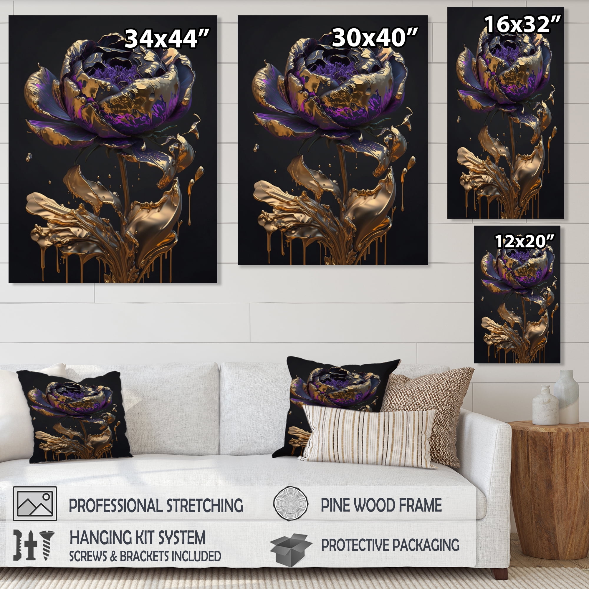 Designart Purple Peony Liquid Gold II Canvas Wall Art
