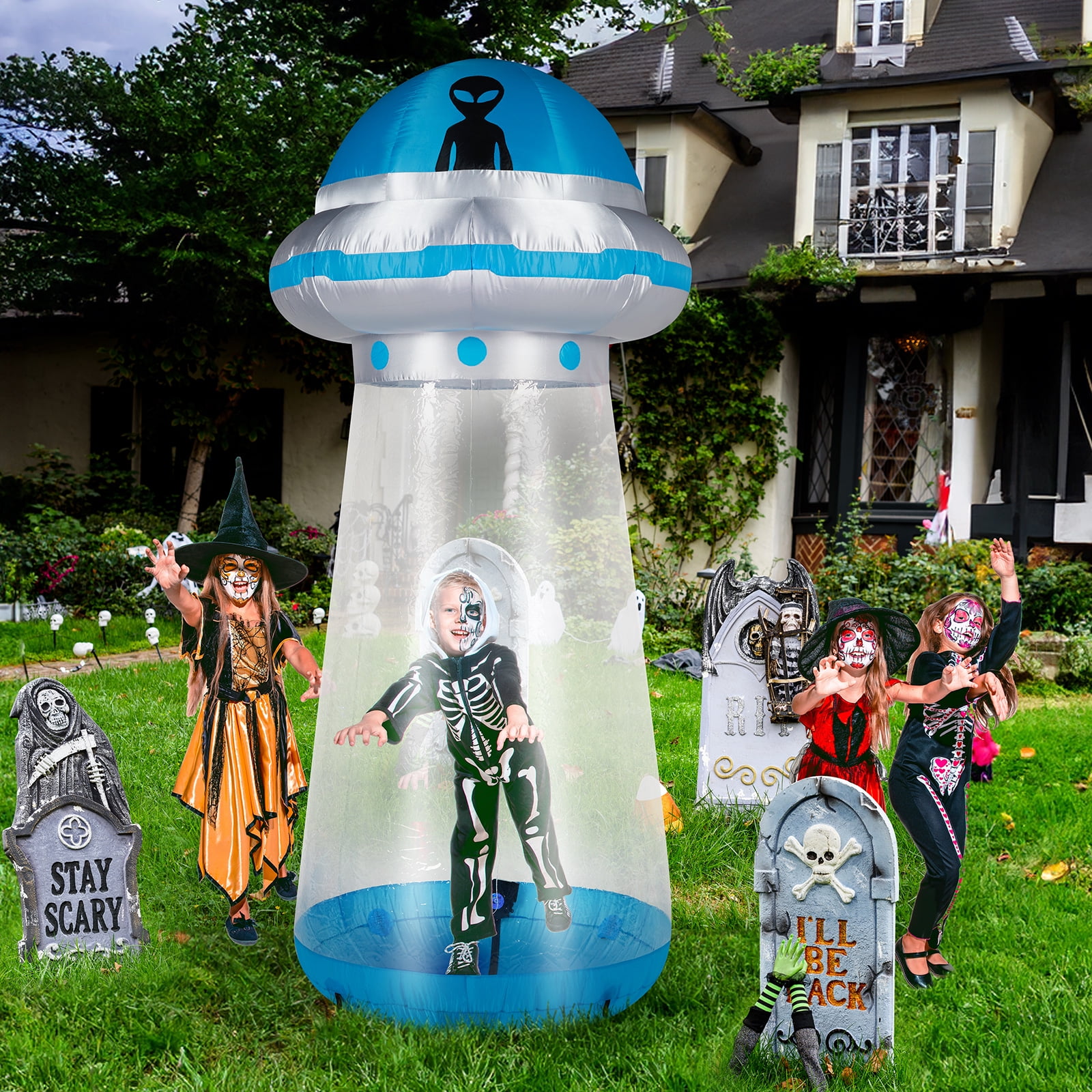 Astoutdoor 8.8 ft Halloween Inflatable UFO Yard Decoration with Built-in LED Lights and Stand Inside Design