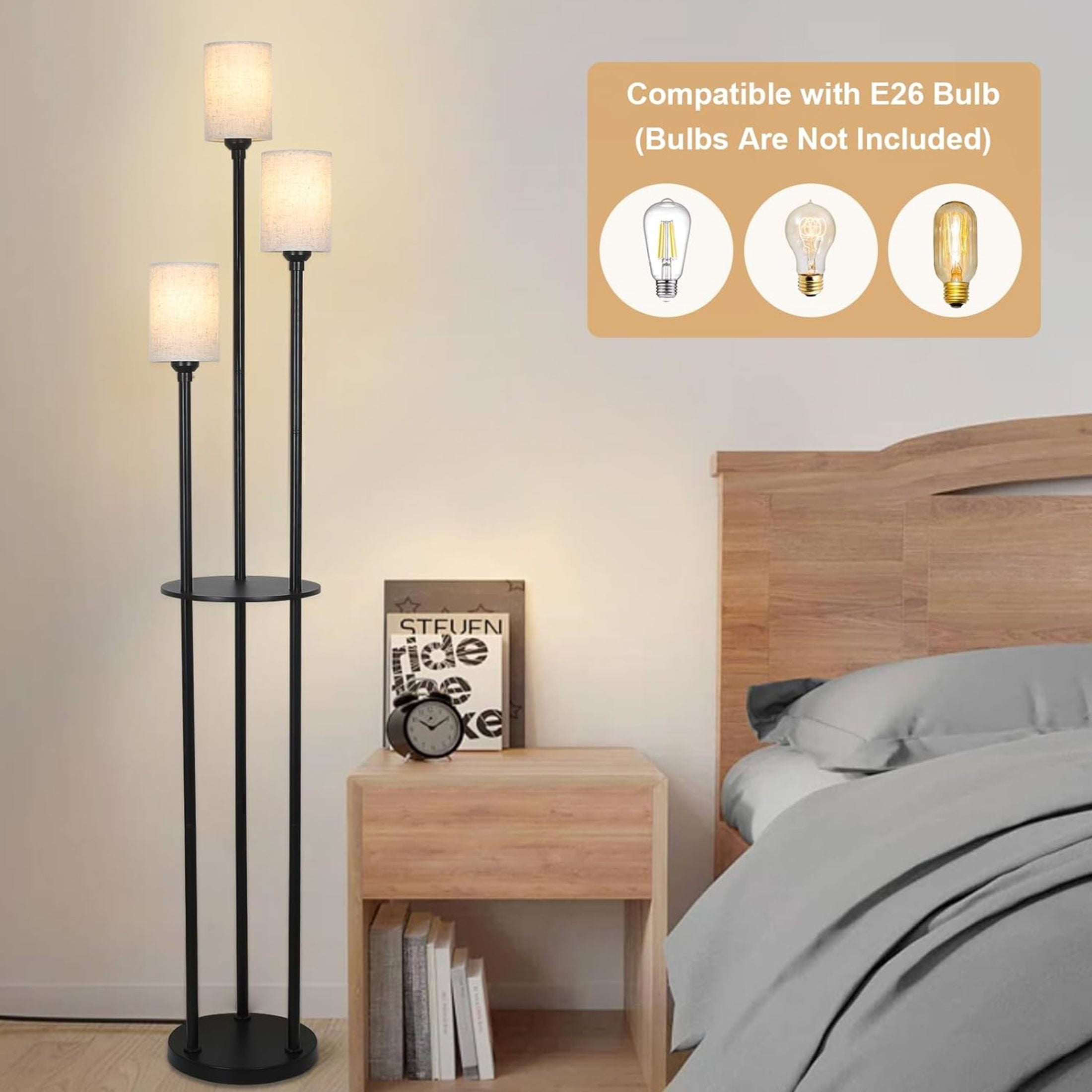 Noble House 3-Light Floor Lamp with Shelves, Black Industrial Tall Lamp with Linen Shades and Foot Switch, Black