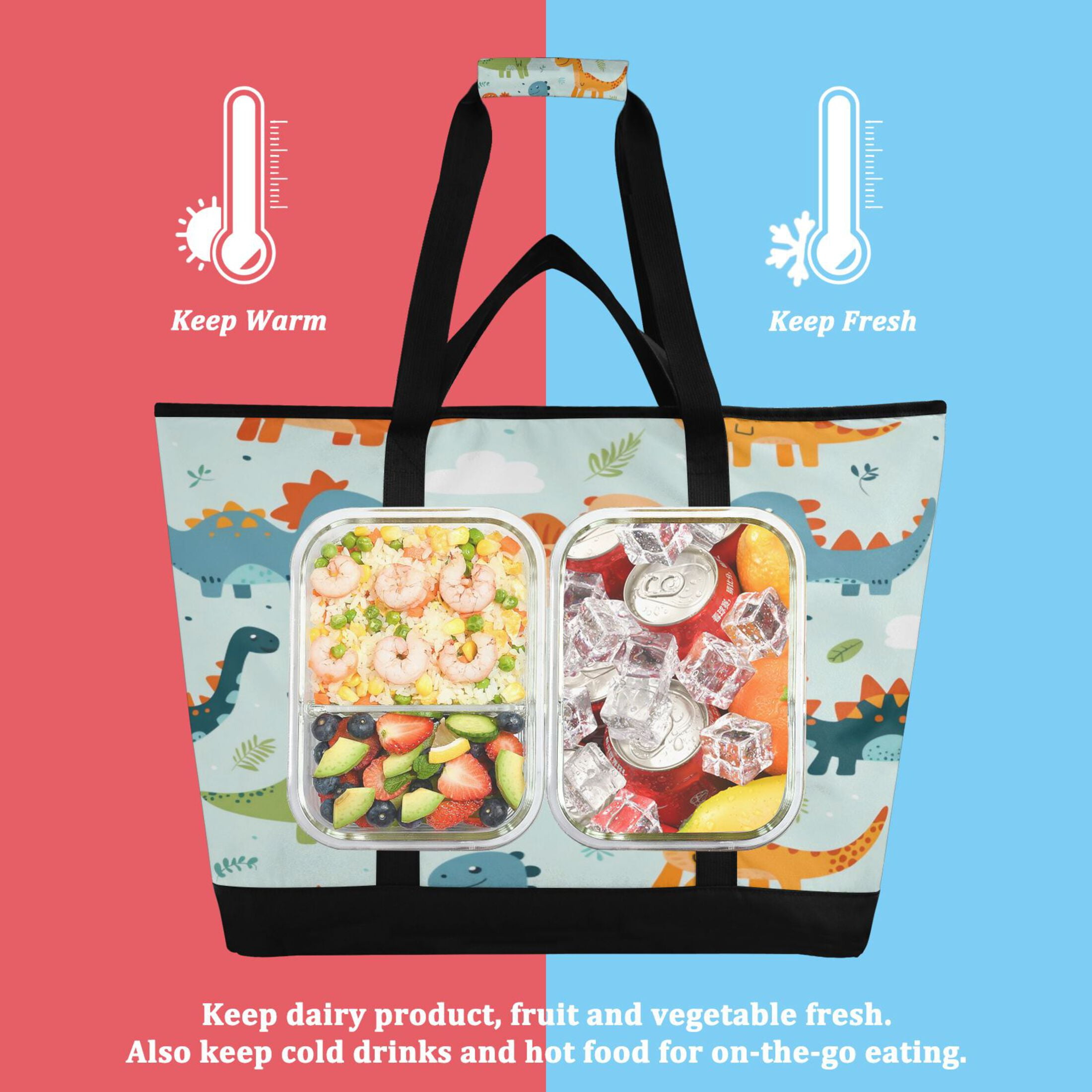 Large Hand-held Ice Pack Picnic Bag Insulation and Refrigeration Suitable for Shopping Picnics and Camping Polychromatic Dinosaur