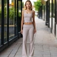 thumbnail image 2 of Foldover Waist Flare Leg Yoga Pants in Ribbed Knit - Medium, Beige, 2 of 6