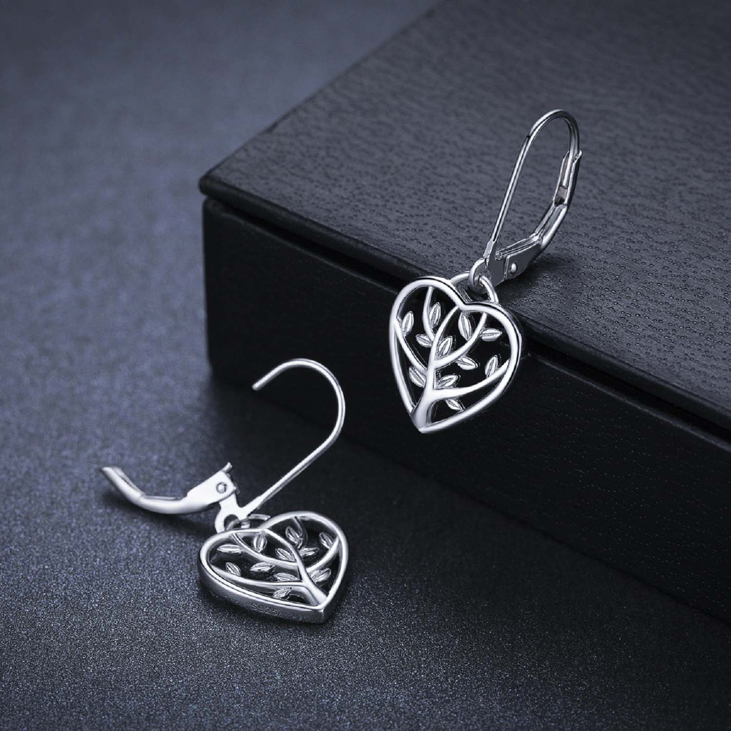 AOVEAO Heart Leverback Earrings 925 Sterling Silver Tree of Life Dangle Earrings 18K White Gold Plated Jewelry for Women Wife Mom Birthday Xmas Gift for Sensitive Ears